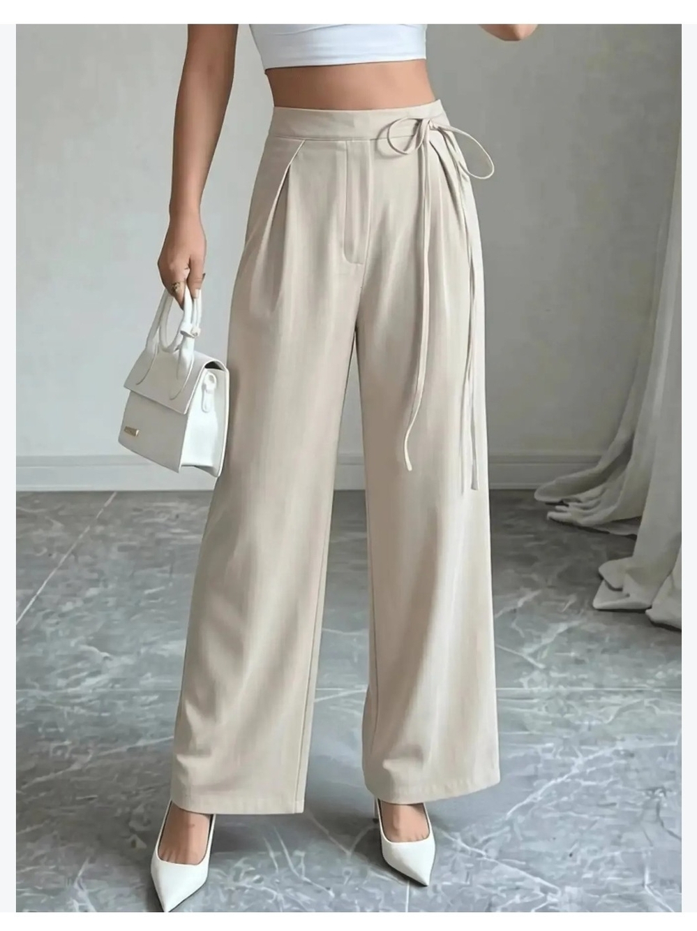 COMMENSE Beige Twill High-Waist Pleated Wide-Leg Dress Pants Pockets Size L